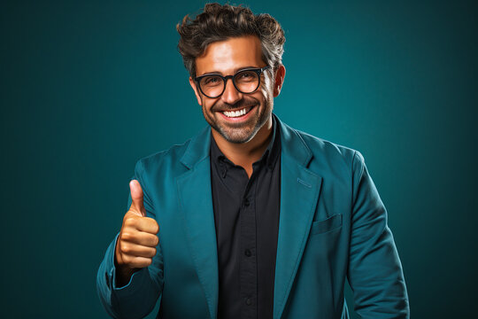 portrait of a expression of a  happy laughing man with brown hair against colorful background who holds his thumbs up wearing glasses and beard