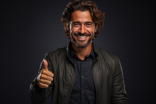 portrait of a expression of a  happy laughing man with brown hair against colorful background who holds his thumbs up 