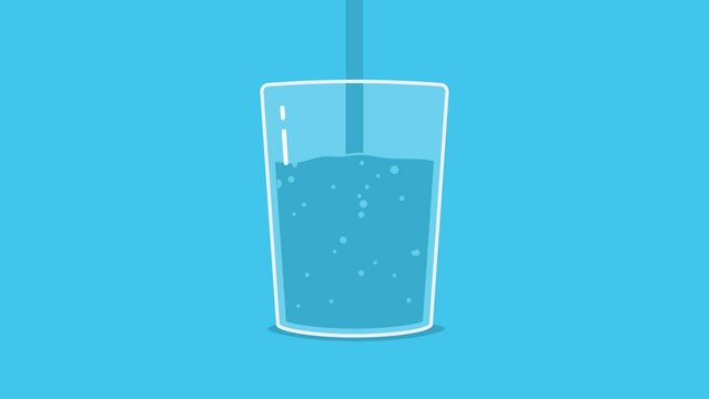 Pouring drinking water with bubbles in a glass. Flat vector style animation.