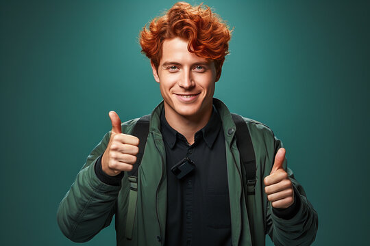 portrait of a expression of a  happy laughing man with ginger hair against colorful background who holds his thumbs up 