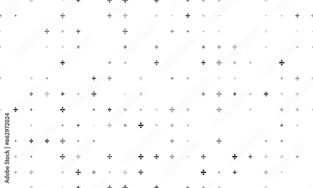 Poster seamless background pattern of evenly spaced black division symbols of different sizes and opacity. 