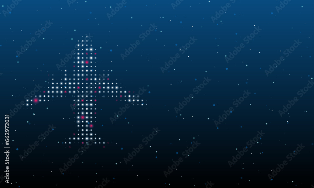 Poster On the left is the airplane symbol filled with white dots. Background pattern from dots and circles of different shades. Vector illustration on blue background with stars