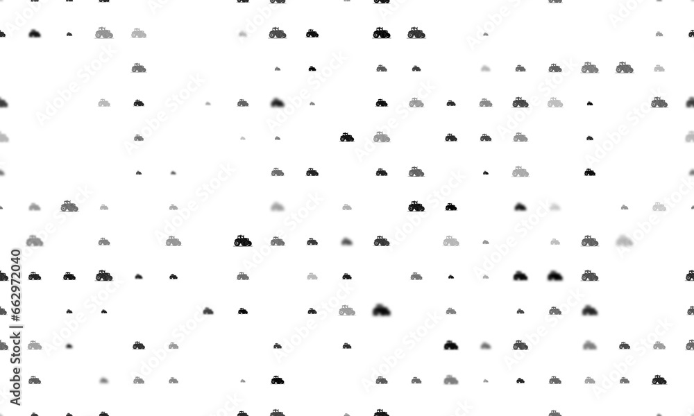 Poster seamless background pattern of evenly spaced black tractor symbols of different sizes and opacity. i