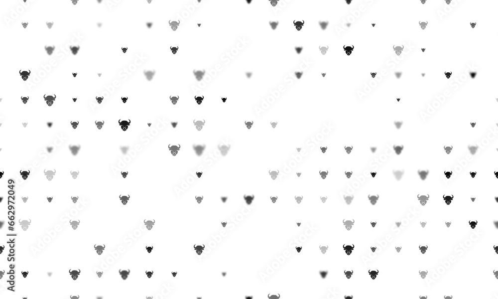 Poster seamless background pattern of evenly spaced black buffalo heads of different sizes and opacity. ill