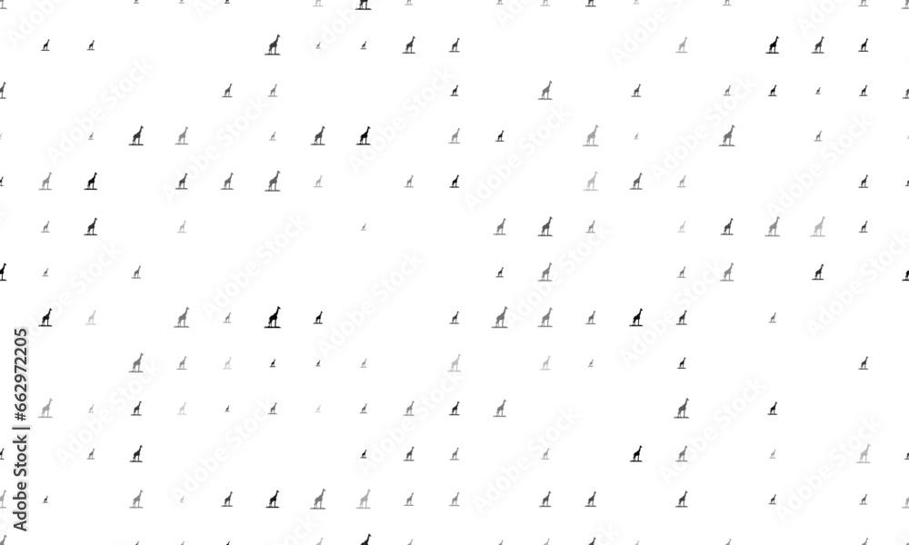 Poster seamless background pattern of evenly spaced black giraffe symbols of different sizes and opacity. v