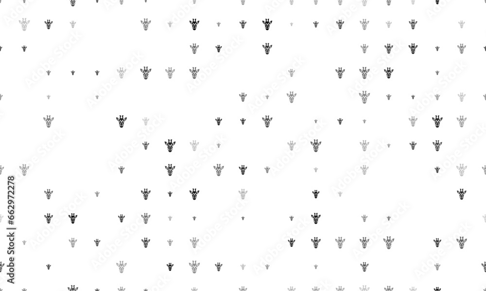 Poster seamless background pattern of evenly spaced black giraffe head symbols of different sizes and opaci