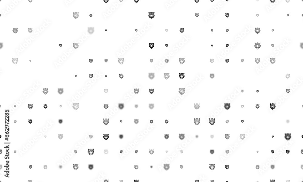 Poster seamless background pattern of evenly spaced black tiger head symbols of different sizes and opacity