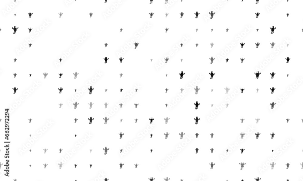 Poster seamless background pattern of evenly spaced black giraffe head symbols of different sizes and opaci