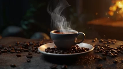 Foto op Plexiglas Tasse de café ou cappuccino. Boisson chaude, ambiance chaleureuse et relaxante. Arrière-plan pour conception et création graphique. © FlyStun