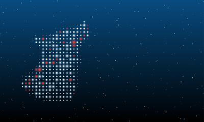 On the left is the wolf head symbol filled with white dots. Background pattern from dots and circles of different shades. Vector illustration on blue background with stars