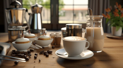 Fototapeta na wymiar Tasse de café ou cappuccino. Boisson chaude, ambiance chaleureuse et relaxante. Arrière-plan pour conception et création graphique.