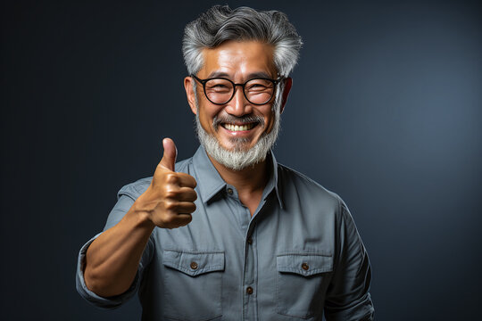 portrait of a expression of a happy laughing senior man with grey hair against dark background who holds his thumb up 