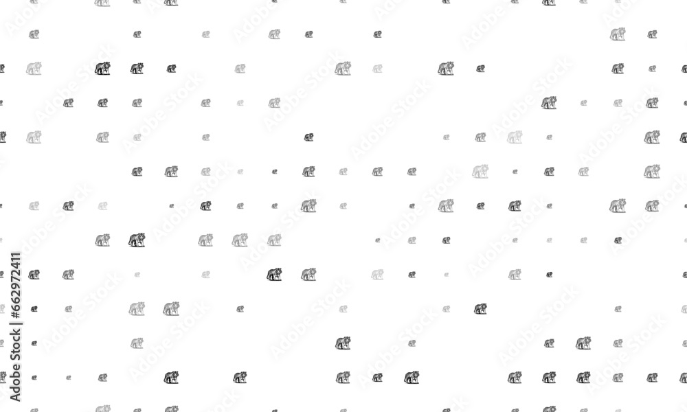 Poster seamless background pattern of evenly spaced black tiger symbols of different sizes and opacity. vec