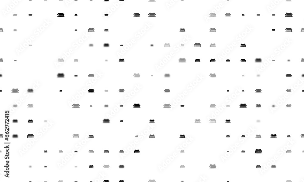 Poster seamless background pattern of evenly spaced black sofa symbols of different sizes and opacity. illu
