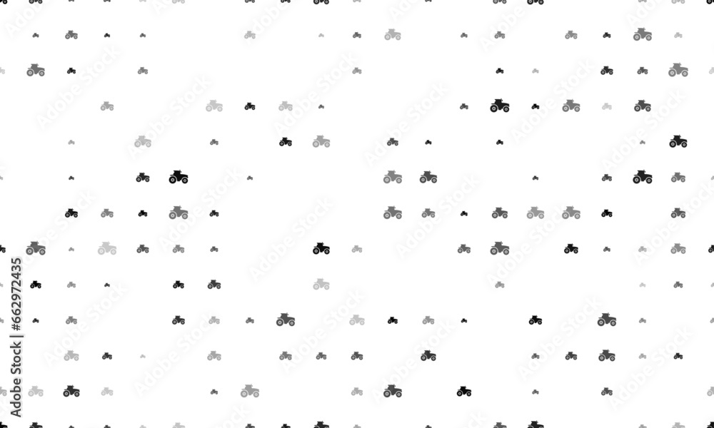 Poster seamless background pattern of evenly spaced black tractor icons of different sizes and opacity. vec