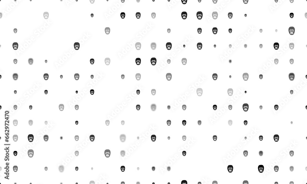 Poster seamless background pattern of evenly spaced black gorilla heads of different sizes and opacity. ill