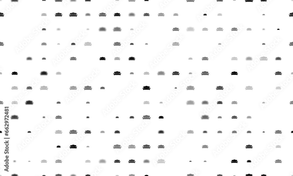 Poster seamless background pattern of evenly spaced black sofa symbols of different sizes and opacity. illu