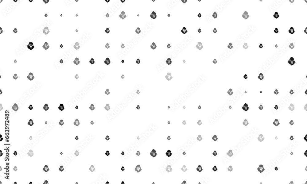 Poster seamless background pattern of evenly spaced black gorilla head symbols of different sizes and opaci