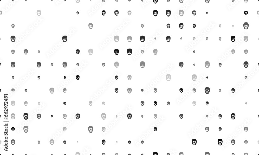 Poster seamless background pattern of evenly spaced black gorilla heads of different sizes and opacity. vec