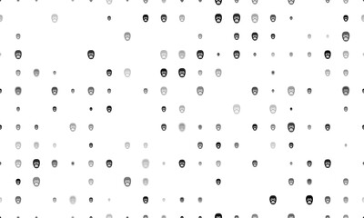 Seamless background pattern of evenly spaced black gorilla heads of different sizes and opacity. Illustration on transparent background