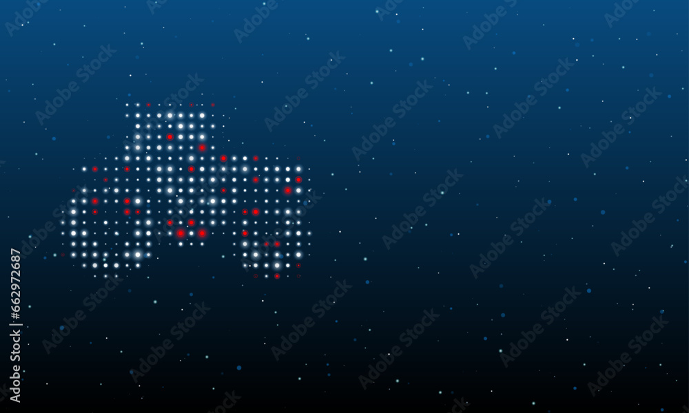 Poster on the left is the tractor symbol filled with white dots. background pattern from dots and circles o