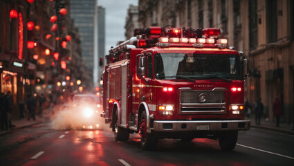 a fire engine car driving with red lights on through the city on a road in the day time - obrazy, fototapety, plakaty