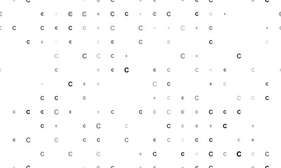 Seamless background pattern of evenly spaced black capital letter C symbols of different sizes and opacity. Illustration on transparent background