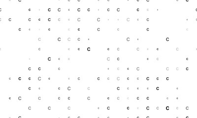 Seamless background pattern of evenly spaced black capital letter C symbols of different sizes and opacity. Vector illustration on white background