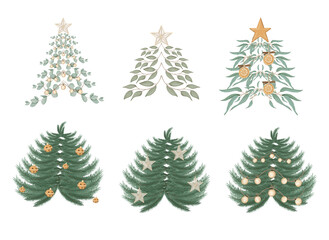 Set of Christmas trees. Hand-drawn illustrations