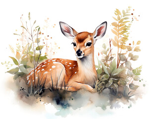 Watercolor illustration of a young deer sitting in the grass.