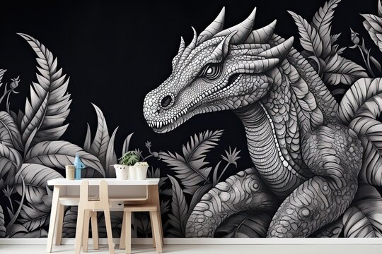Dinosaur Black and White: Captivating Wall Mural for Children's Room - Stylized & Mesmerizing, generative AI