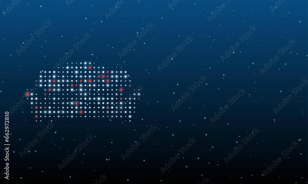 Poster On the left is the sofa symbol filled with white dots. Background pattern from dots and circles of different shades. Vector illustration on blue background with stars