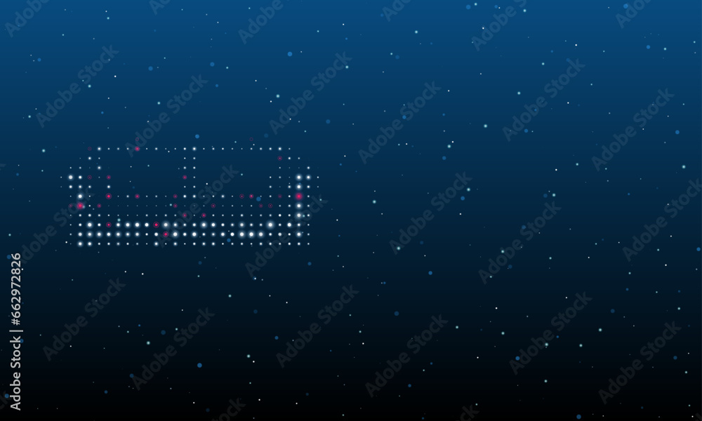 Poster On the left is the sofa symbol filled with white dots. Background pattern from dots and circles of different shades. Vector illustration on blue background with stars