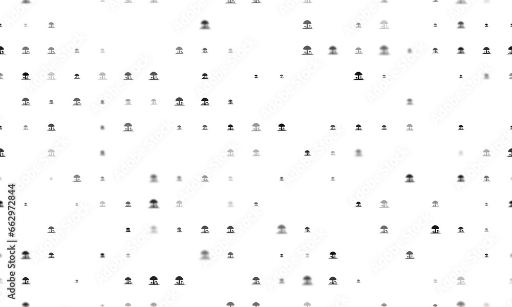 Poster seamless background pattern of evenly spaced black mushrooms symbols of different sizes and opacity.