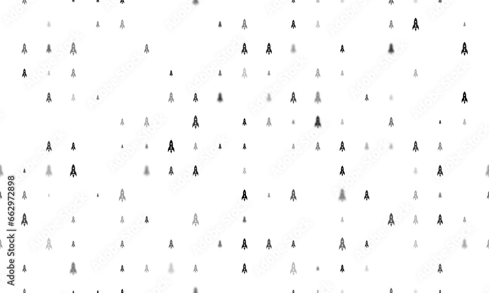 Poster seamless background pattern of evenly spaced black rockets of different sizes and opacity. illustrat