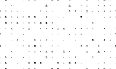 Seamless background pattern of evenly spaced black mushrooms symbols of different sizes and opacity. Vector illustration on white background