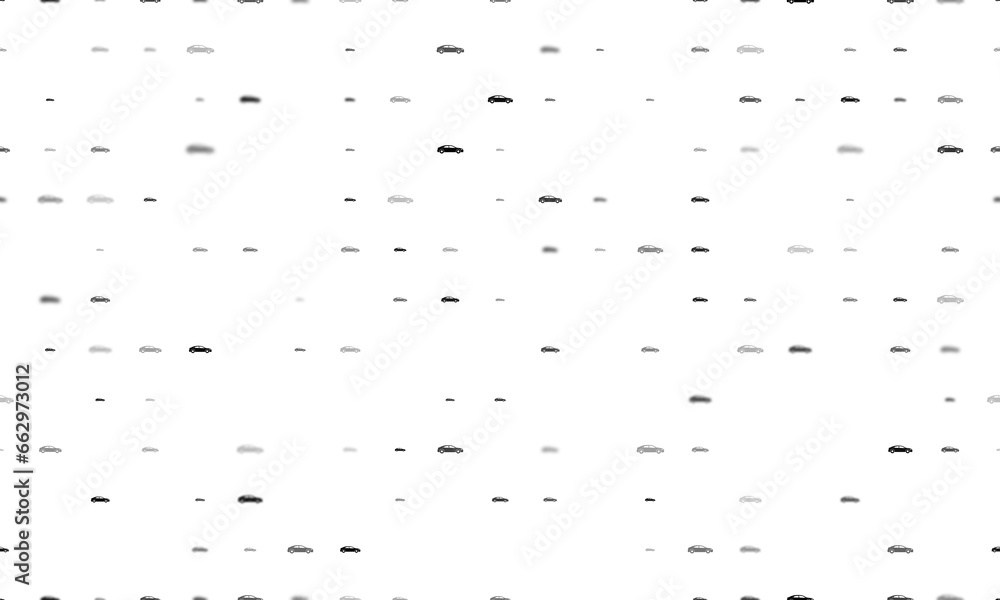 Poster seamless background pattern of evenly spaced black car symbols of different sizes and opacity. illus
