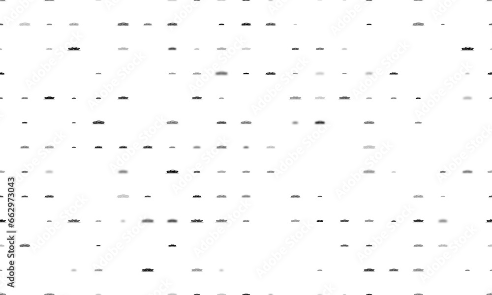 Poster seamless background pattern of evenly spaced black future car symbols of different sizes and opacity