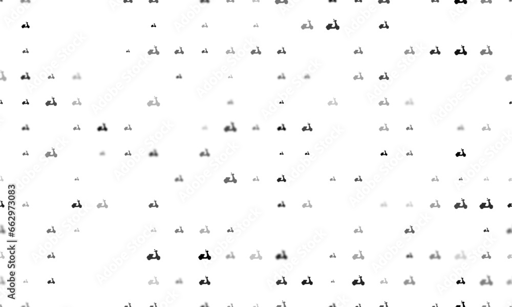 Poster seamless background pattern of evenly spaced black scooter symbols of different sizes and opacity. v