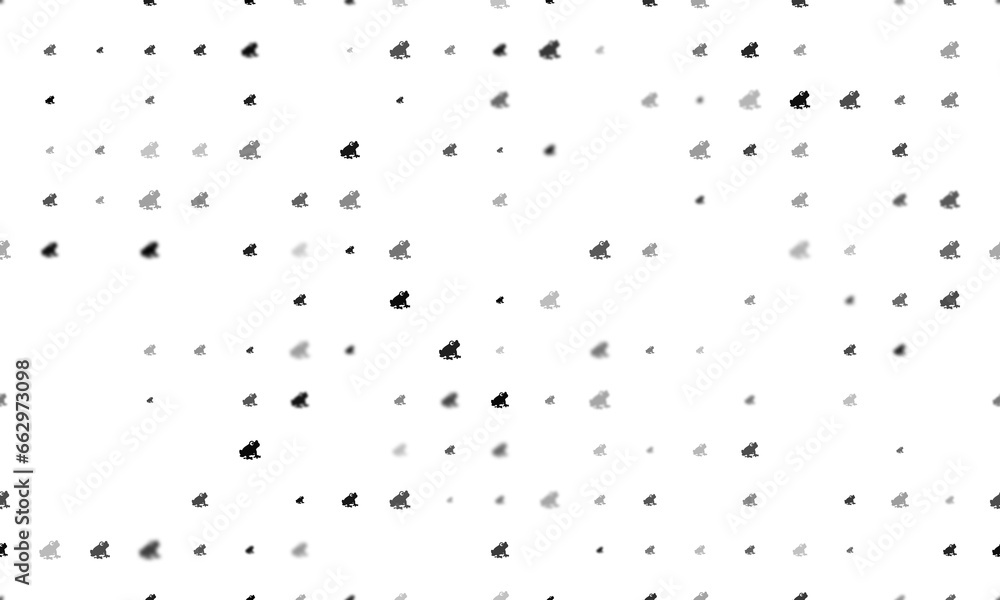 Poster seamless background pattern of evenly spaced black frog symbols of different sizes and opacity. illu