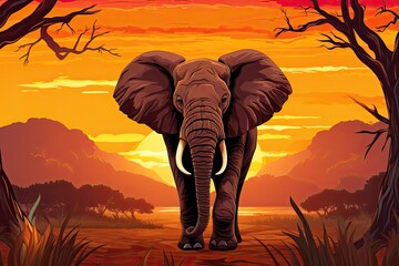 Elephant Clipart: Majestic Elephant Raising Trunk in Salute amidst Sunset-Lit Savannah, generative AI