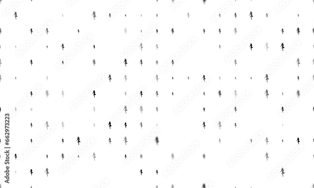 Poster seamless background pattern of evenly spaced black ballerina symbols of different sizes and opacity.
