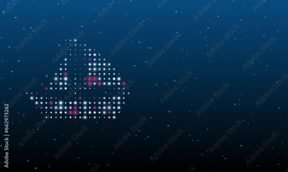 Poster on the left is the sailing boat symbol filled with white dots. background pattern from dots and circ