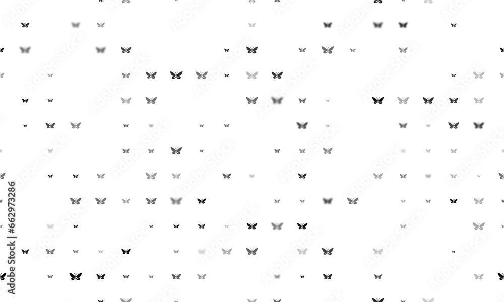 Poster seamless background pattern of evenly spaced black butterfly symbols of different sizes and opacity.