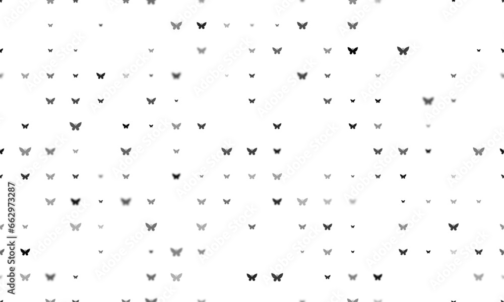 Poster seamless background pattern of evenly spaced black butterfly symbols of different sizes and opacity.