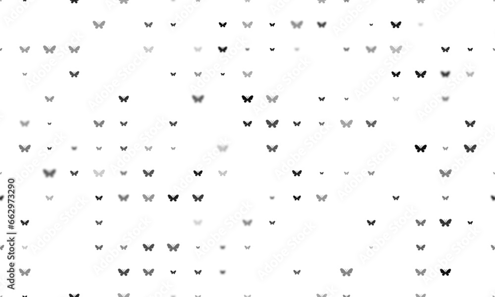 Poster seamless background pattern of evenly spaced black butterfly symbols of different sizes and opacity.