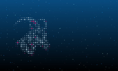 On the left is the goat's head symbol filled with white dots. Background pattern from dots and circles of different shades. Vector illustration on blue background with stars