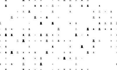 Seamless background pattern of evenly spaced black teddy bear symbols of different sizes and opacity. Illustration on transparent background