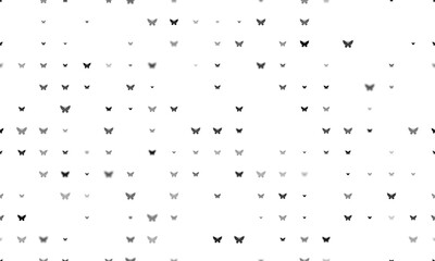 Seamless background pattern of evenly spaced black butterfly symbols of different sizes and opacity. Illustration on transparent background
