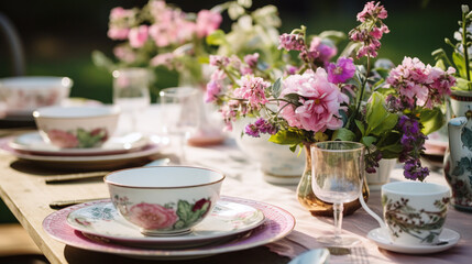 table setting with flowers in purple colors
